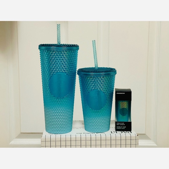 Starbucks Ombre Blue Studded Cup Tumbler Venti Grande Keychain Aqua Splash 3PSet - Picture 8 of 13